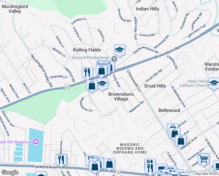 map of restaurants, bars, coffee shops, grocery stores, and more near 416 Sprite Road in Louisville