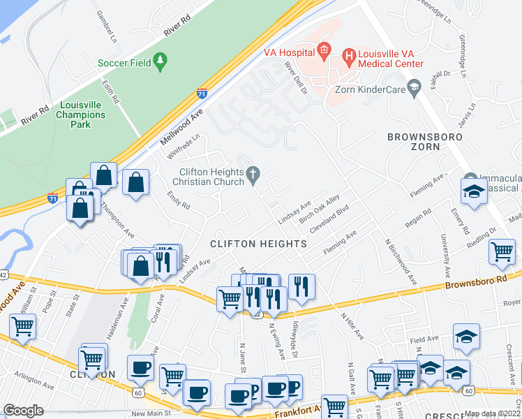 map of restaurants, bars, coffee shops, grocery stores, and more near 606 North Hite Avenue in Louisville
