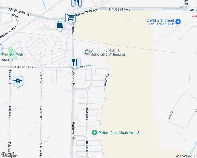 map of restaurants, bars, coffee shops, grocery stores, and more near 1617 Harrisburgh Lane in Suisun City