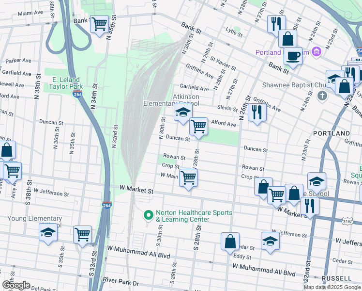 map of restaurants, bars, coffee shops, grocery stores, and more near 221 North 29th Street in Louisville