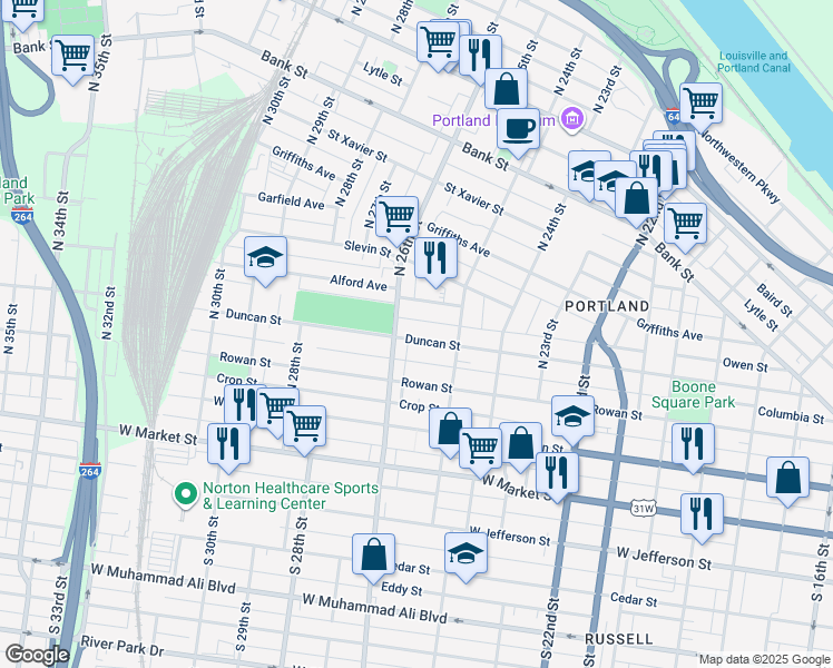 map of restaurants, bars, coffee shops, grocery stores, and more near 2537 Duncan Street in Louisville