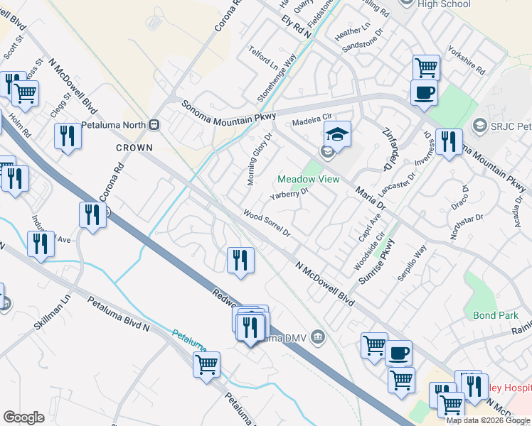map of restaurants, bars, coffee shops, grocery stores, and more near 1502 Yarberry Drive in Petaluma