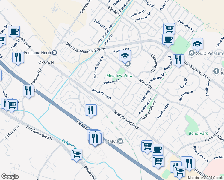 map of restaurants, bars, coffee shops, grocery stores, and more near 847 Winton Drive in Petaluma