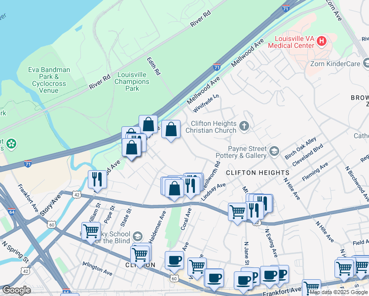 map of restaurants, bars, coffee shops, grocery stores, and more near 628 Edith Road in Louisville