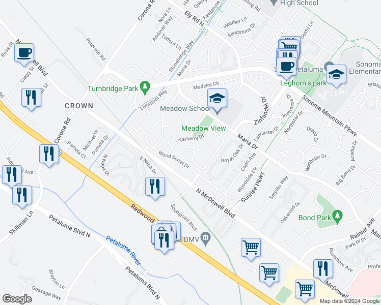 map of restaurants, bars, coffee shops, grocery stores, and more near 847 Winton Drive in Petaluma