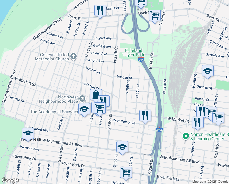 map of restaurants, bars, coffee shops, grocery stores, and more near 100 North 38th Street in Louisville