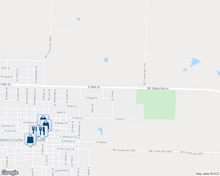 map of restaurants, bars, coffee shops, grocery stores, and more near E Mill St in Butler