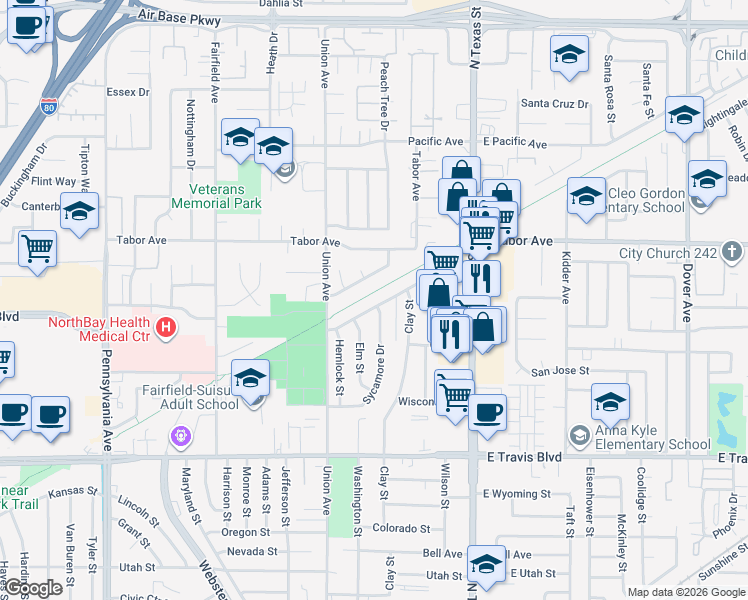 map of restaurants, bars, coffee shops, grocery stores, and more near 400 Acacia Street in Fairfield