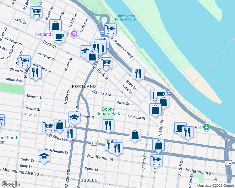 map of restaurants, bars, coffee shops, grocery stores, and more near 1825 Griffiths Avenue in Louisville