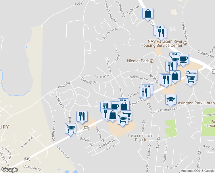 map of restaurants, bars, coffee shops, grocery stores, and more near 21706 Enterprise Road in Lexington Park