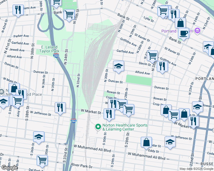map of restaurants, bars, coffee shops, grocery stores, and more near 2924 Columbia Street in Louisville