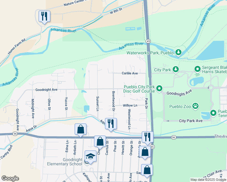 map of restaurants, bars, coffee shops, grocery stores, and more near 300-320 Brentwood Drive in Pueblo