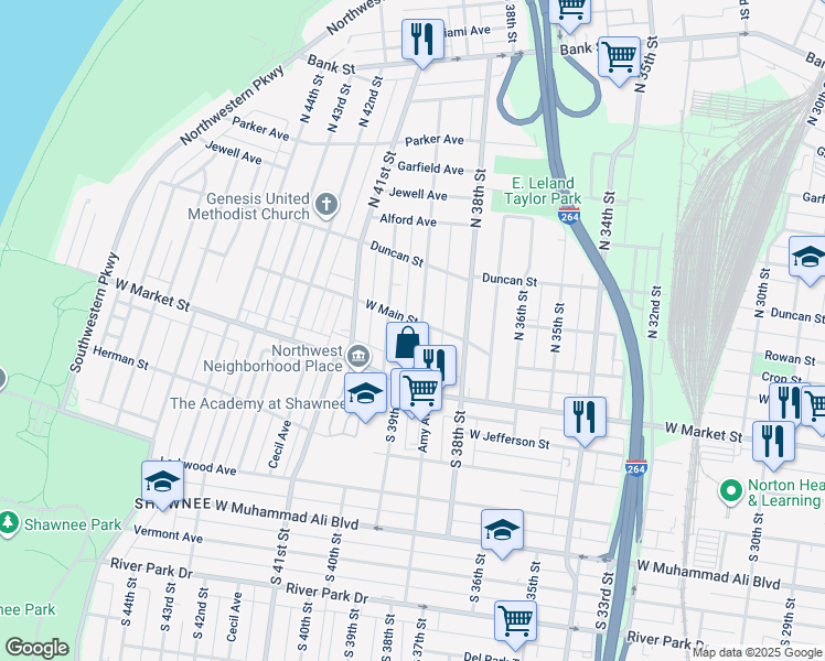 map of restaurants, bars, coffee shops, grocery stores, and more near 102 South 39th Street in Louisville