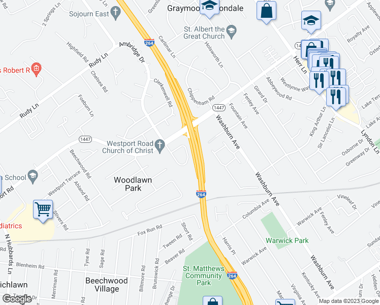 map of restaurants, bars, coffee shops, grocery stores, and more near 6928 Ambridge Circle in Louisville