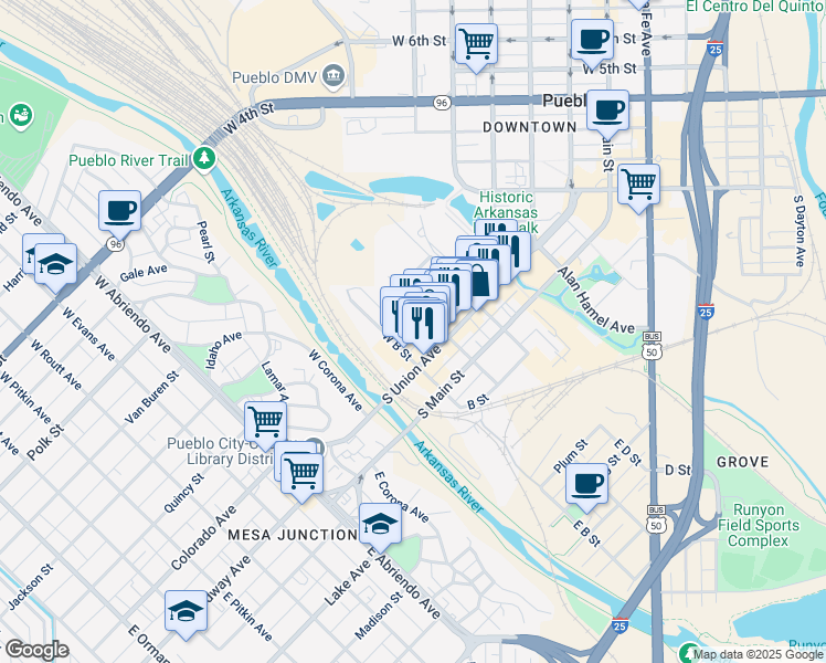 map of restaurants, bars, coffee shops, grocery stores, and more near 310 South Victoria Avenue in Pueblo