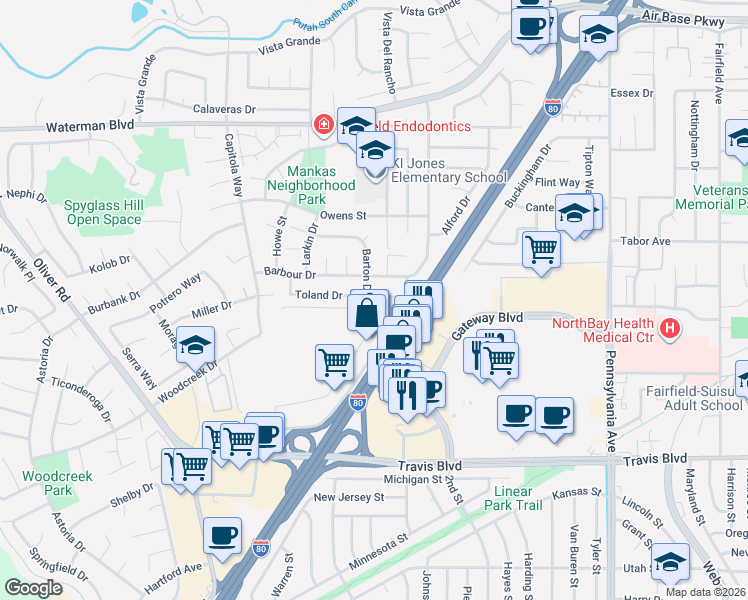 map of restaurants, bars, coffee shops, grocery stores, and more near 1706 Barton Drive in Fairfield