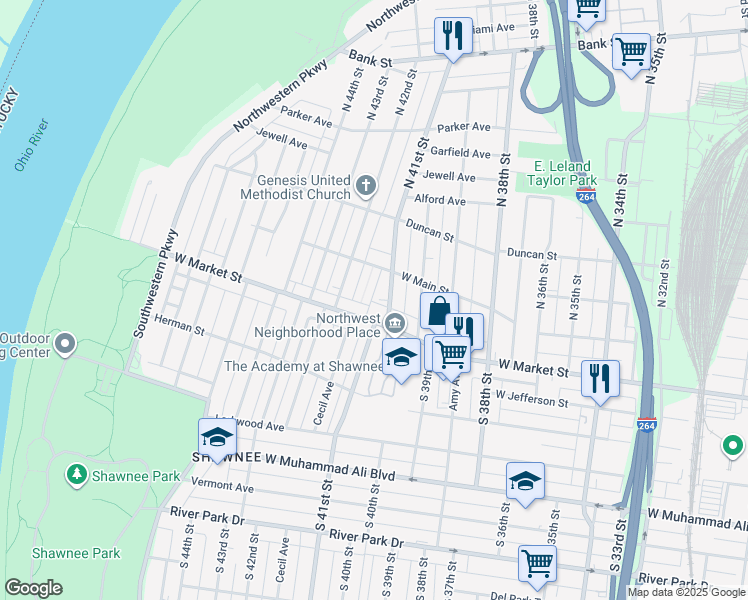 map of restaurants, bars, coffee shops, grocery stores, and more near 132 Tait Place in Louisville