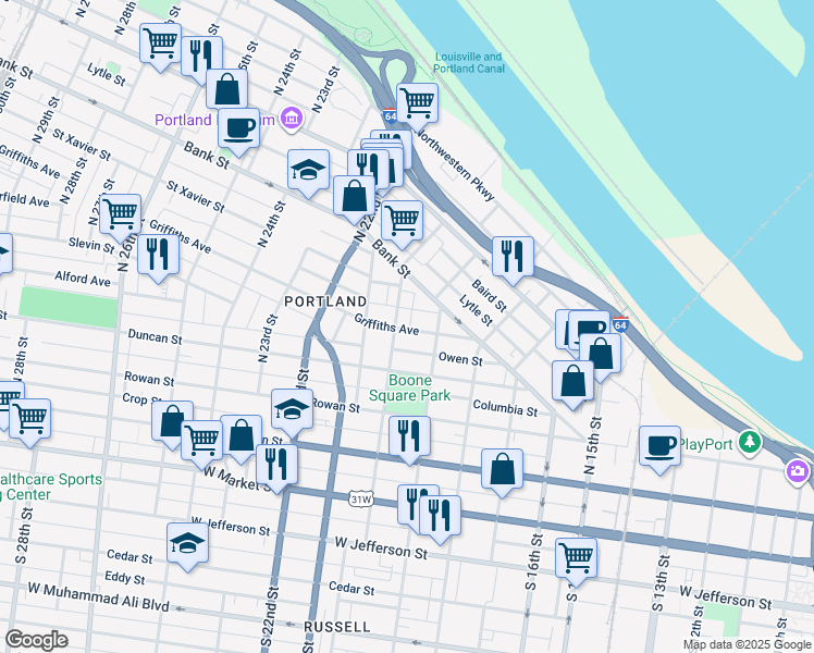 map of restaurants, bars, coffee shops, grocery stores, and more near 1921 Griffiths Avenue in Louisville