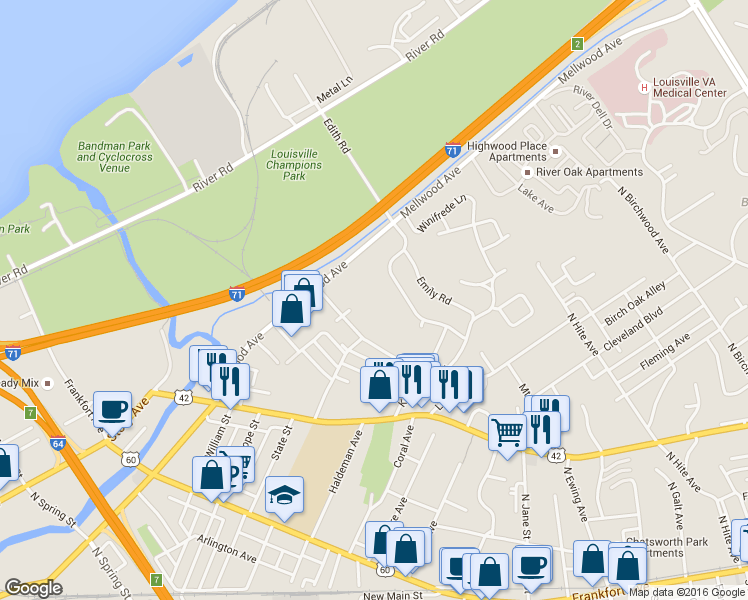 map of restaurants, bars, coffee shops, grocery stores, and more near 1918 Mellwood Avenue in Louisville