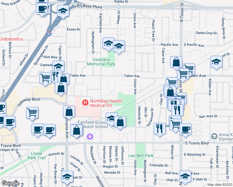 map of restaurants, bars, coffee shops, grocery stores, and more near 1848 Winchester Court in Fairfield