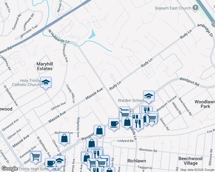 map of restaurants, bars, coffee shops, grocery stores, and more near 403 N Hubbards Ln in Louisville