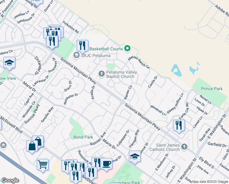 map of restaurants, bars, coffee shops, grocery stores, and more near 531 Greenwich Street in Petaluma
