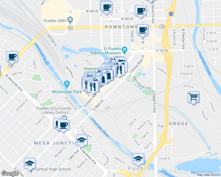 map of restaurants, bars, coffee shops, grocery stores, and more near 201 South Main Street in Pueblo