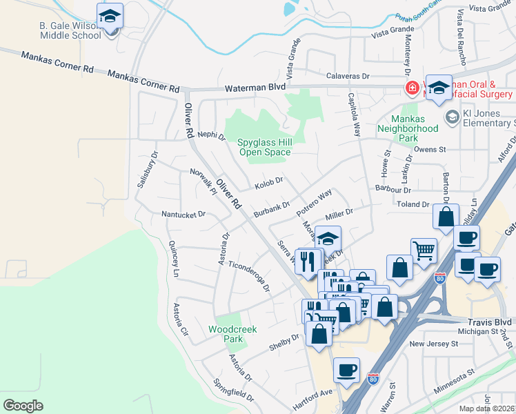 map of restaurants, bars, coffee shops, grocery stores, and more near 1755 Muir Court in Fairfield