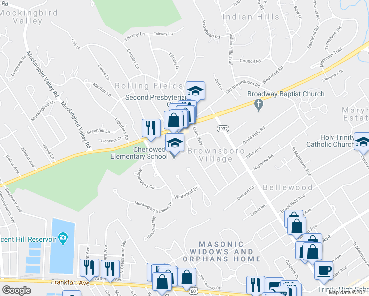 map of restaurants, bars, coffee shops, grocery stores, and more near 416 Sprite Road in Louisville