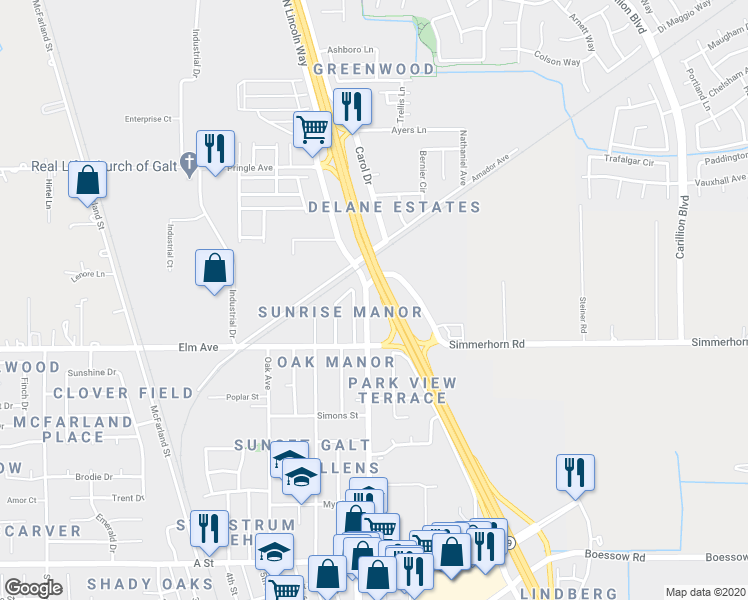 map of restaurants, bars, coffee shops, grocery stores, and more near 409 North Lincoln Way in Galt