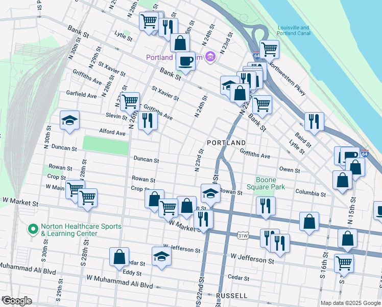map of restaurants, bars, coffee shops, grocery stores, and more near 2309 Owen Street in Louisville