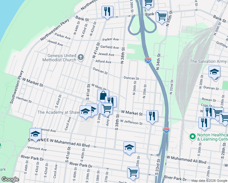 map of restaurants, bars, coffee shops, grocery stores, and more near 3807 West Main Street in Louisville