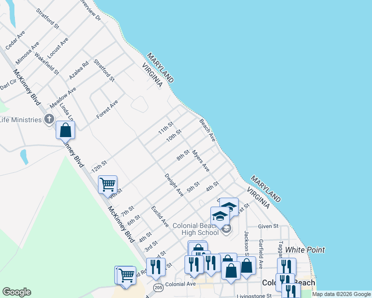 map of restaurants, bars, coffee shops, grocery stores, and more near 115 8th Street in Colonial Beach