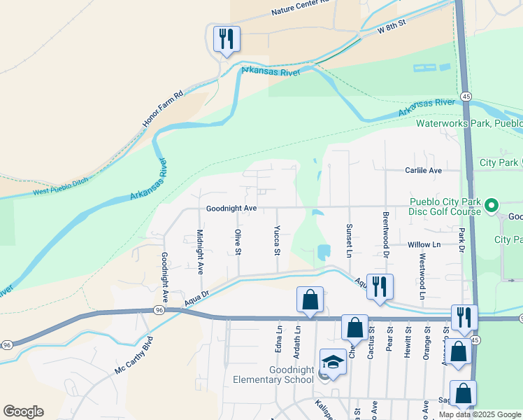 map of restaurants, bars, coffee shops, grocery stores, and more near 4334 Goodnight Avenue in Pueblo