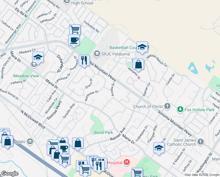 map of restaurants, bars, coffee shops, grocery stores, and more near 542 Benbo Drive in Petaluma
