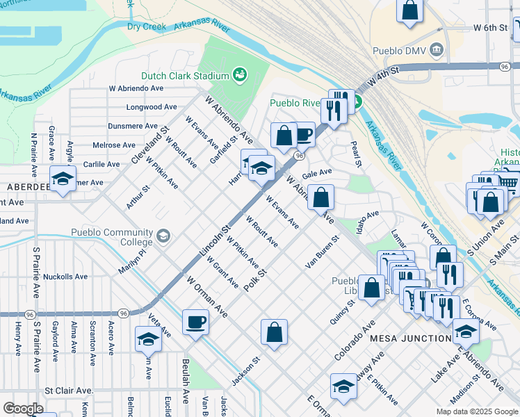 map of restaurants, bars, coffee shops, grocery stores, and more near 216 Lincoln Street in Pueblo