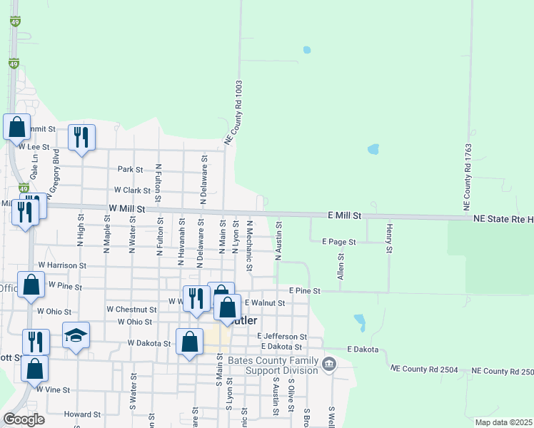 map of restaurants, bars, coffee shops, grocery stores, and more near East Mill Street in Butler