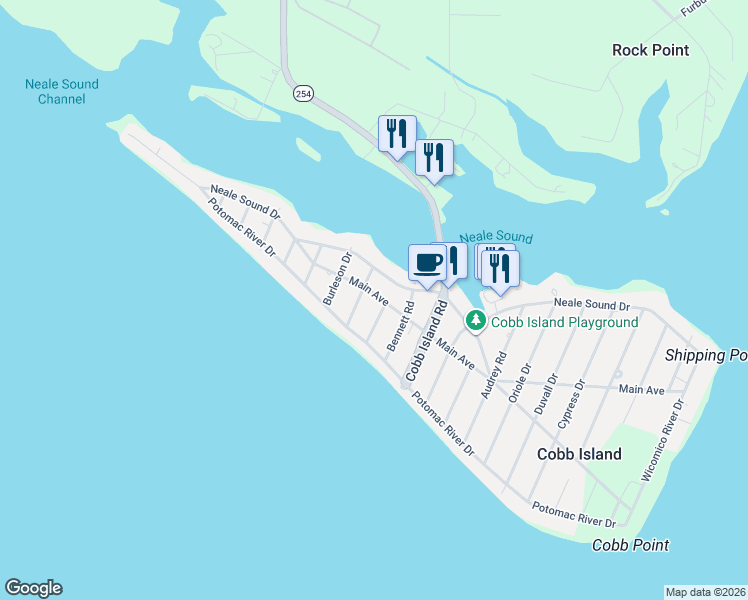 map of restaurants, bars, coffee shops, grocery stores, and more near 13255 Main Avenue in Cobb Island