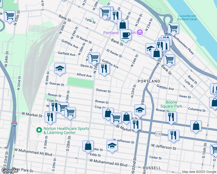 map of restaurants, bars, coffee shops, grocery stores, and more near 2502 Owen Street in Louisville