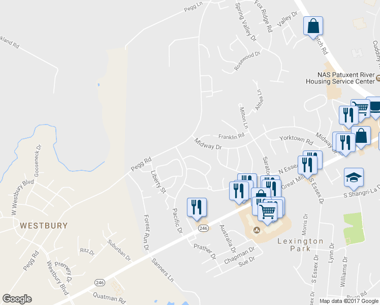 map of restaurants, bars, coffee shops, grocery stores, and more near 21850 Weeping Willow Lane in Lexington Park