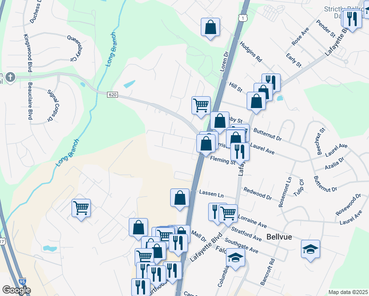 map of restaurants, bars, coffee shops, grocery stores, and more near 111 Fleming Street in Fredericksburg
