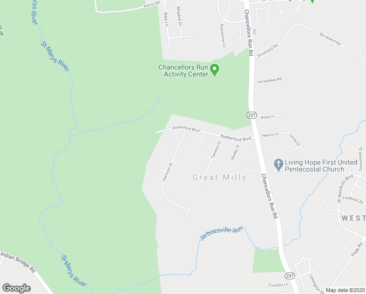 map of restaurants, bars, coffee shops, grocery stores, and more near 21707 Harrison Street in Great Mills