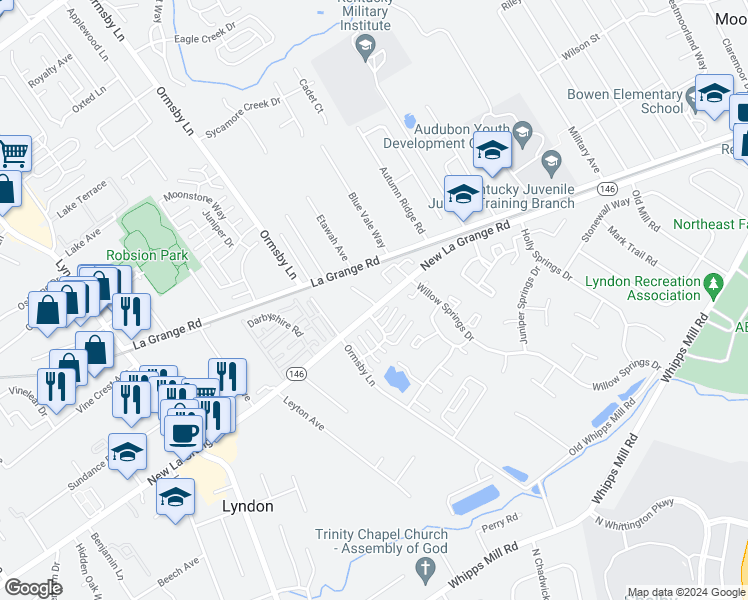 map of restaurants, bars, coffee shops, grocery stores, and more near 8521 New Lagrange Road in Lyndon