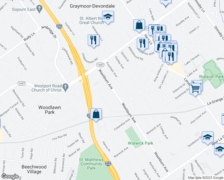 map of restaurants, bars, coffee shops, grocery stores, and more near 850 Stonemill Drive in Louisville