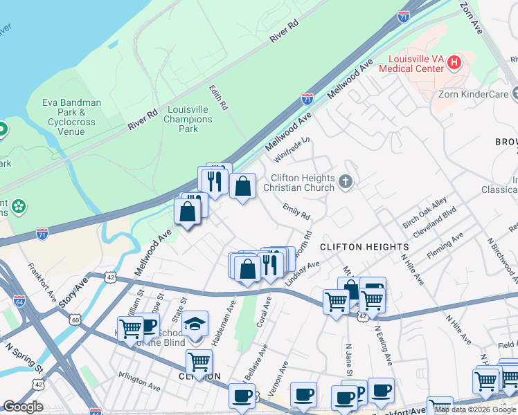 map of restaurants, bars, coffee shops, grocery stores, and more near 628 Edith Road in Louisville
