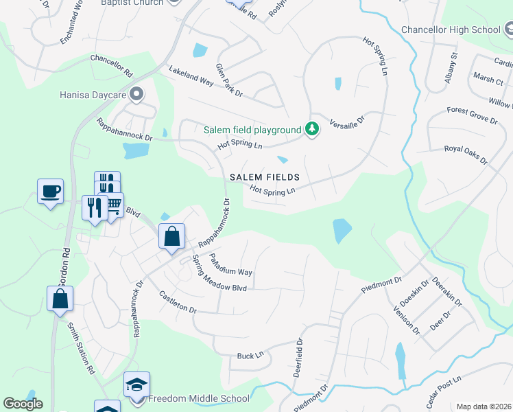 map of restaurants, bars, coffee shops, grocery stores, and more near 6908 South Dewey Court in Fredericksburg