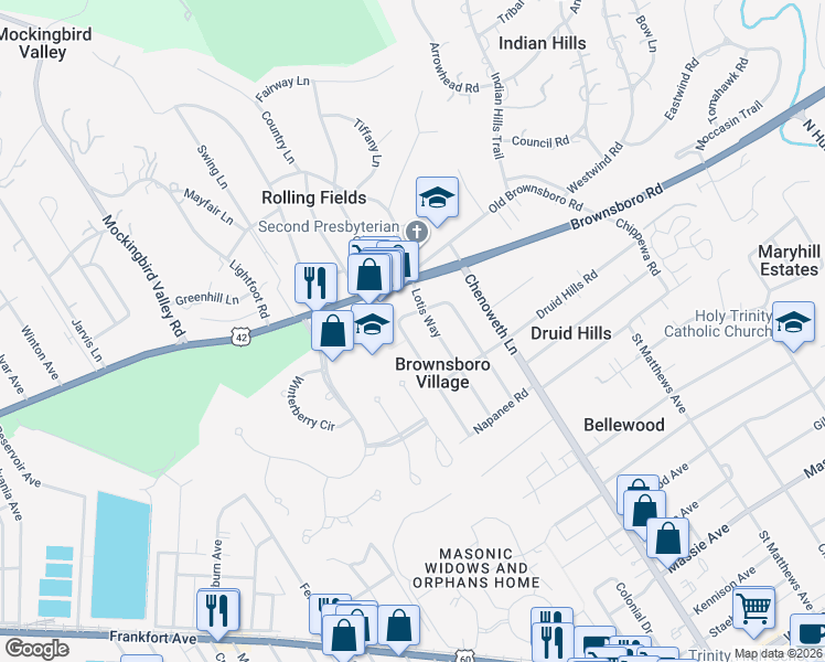 map of restaurants, bars, coffee shops, grocery stores, and more near 416 Sprite Road in Louisville