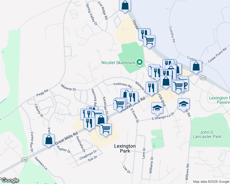 map of restaurants, bars, coffee shops, grocery stores, and more near 21717 Cabot Place in Lexington Park