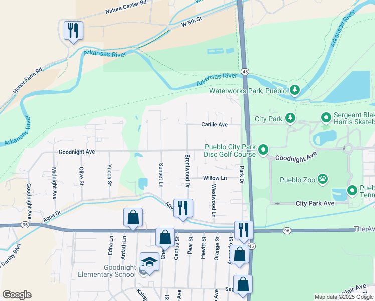 map of restaurants, bars, coffee shops, grocery stores, and more near 300 Brentwood Drive in Pueblo