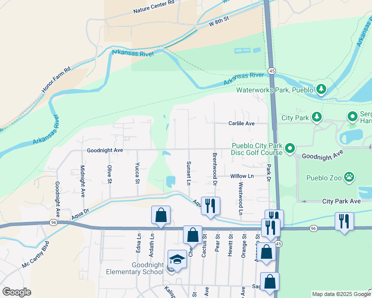 map of restaurants, bars, coffee shops, grocery stores, and more near 4104 Goodnight Ave in Pueblo